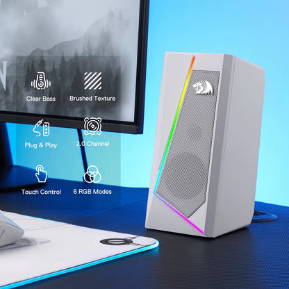 GS520 RGB Desktop Speakers, 2.0 Channel PC Stereo Speaker with 6 Colorful LED Modes, Enhanced Sound, White/Pink