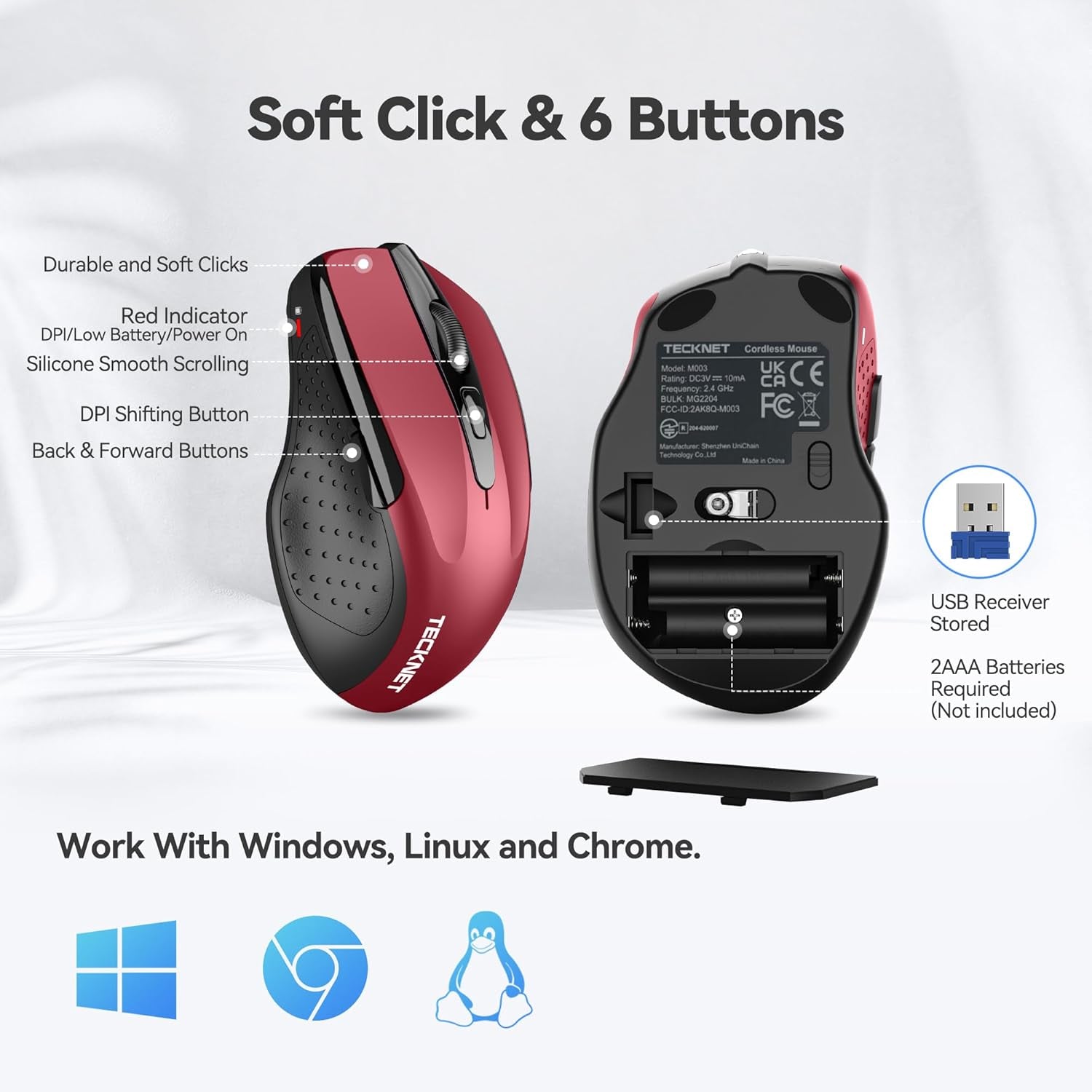TECKNET Pro Wireless Mouse, 4000 DPI, 2.4G Ergonomic Optical Mouse, Computer Mou