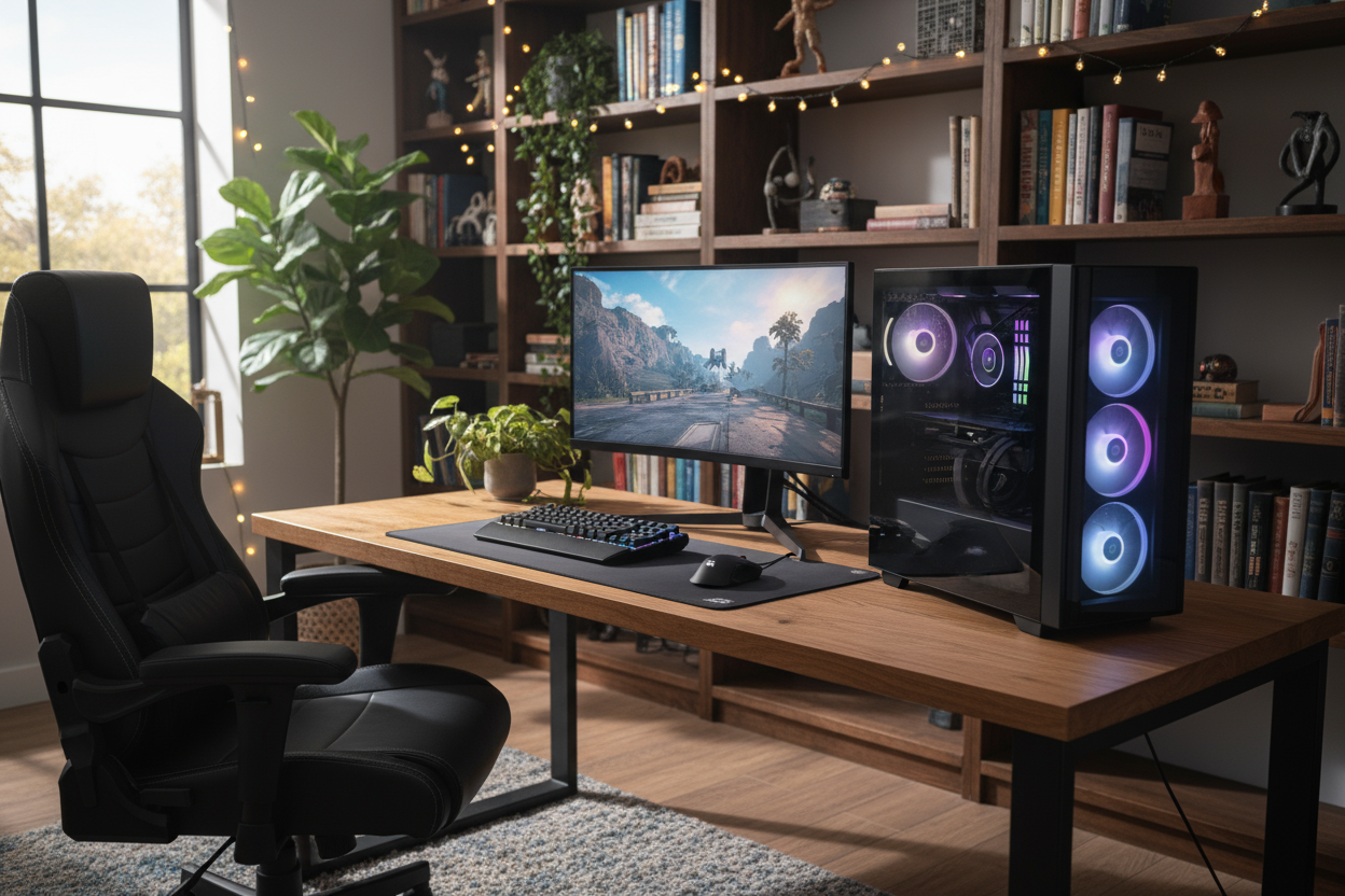 A GAMING PC but at home with a very realistic background for shopping and to engage the users