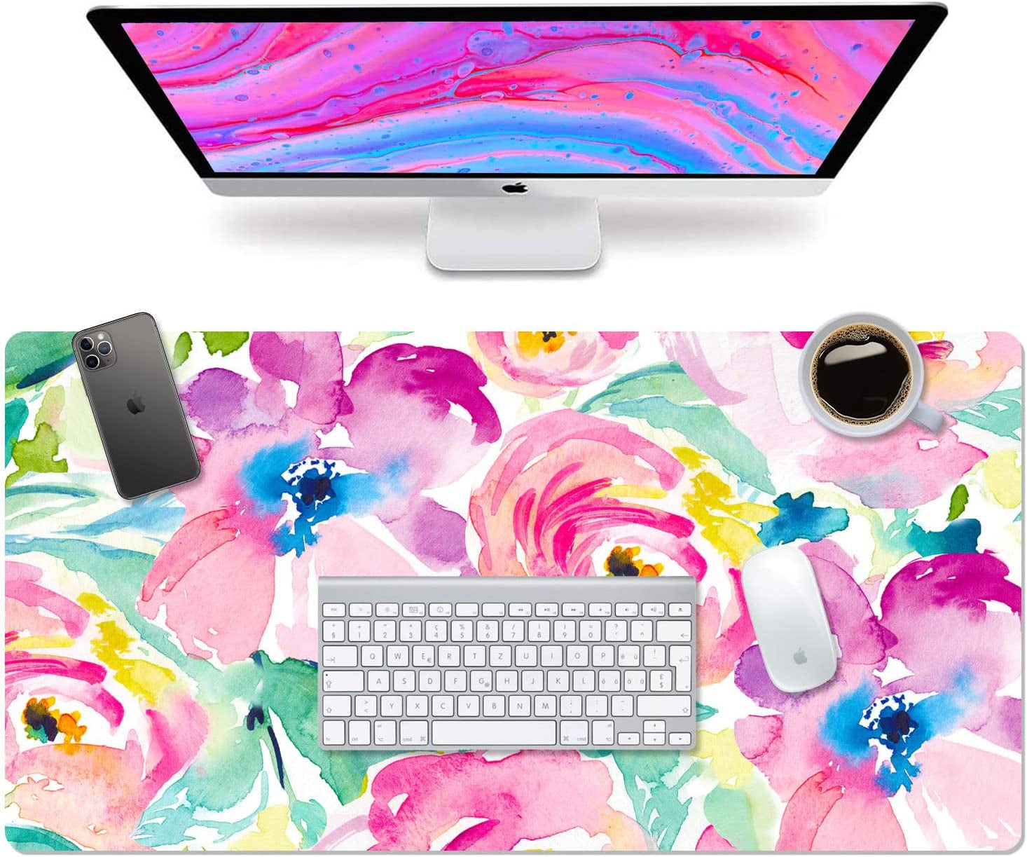 Large Mouse Pad Desk Mat Desk Pad Keyboard School Essentials Office Decor Big Extended Laptop Protector Computer Accessories Pretty Mousepad Women Girls Pink Flowers XL Gift
