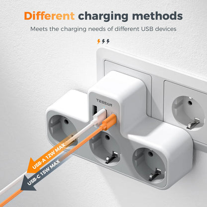 EU Plug Power Strip with 3 AC Outlets +2 USB Ports+ 1 Type C, 6-In-1 Plug Socket Adapter Wall Charger for Home Office