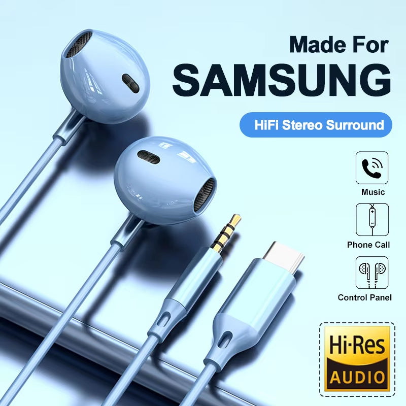 For Samsung Headphones Hifi Surround Sound In-Ear USB Type C 3.5Mm with Wire Control Wired Earplugs for Galaxy S24 S23 S22 Ultra