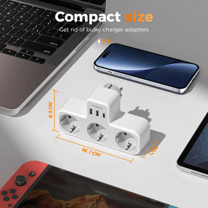 EU Plug Power Strip with 3 AC Outlets +2 USB Ports+ 1 Type C, 6-In-1 Plug Socket Adapter Wall Charger for Home Office
